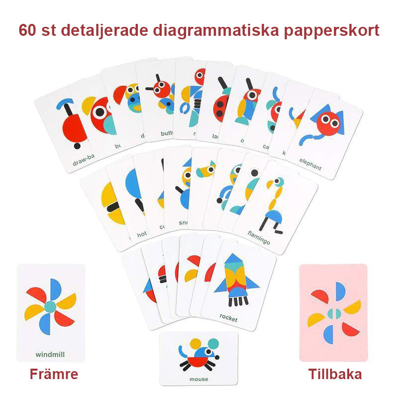 Färgglatt pedagogiskt formpussel med träblock för barn och vuxna, främjar kreativitet och finmotorik.