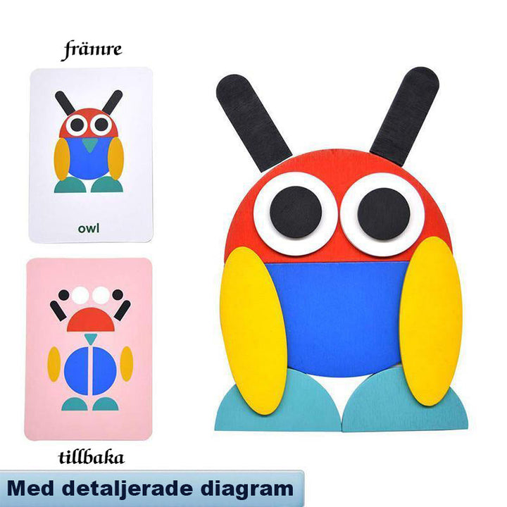 Färgglatt pedagogiskt formpussel med träblock för barn och vuxna, främjar kreativitet och finmotorik.