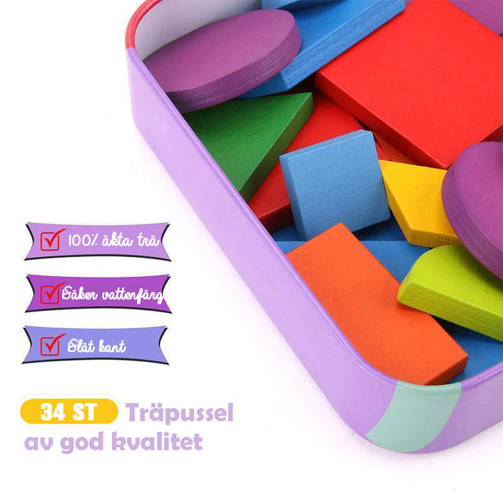 Färgglatt pedagogiskt formpussel med träblock för barn och vuxna, främjar kreativitet och finmotorik.