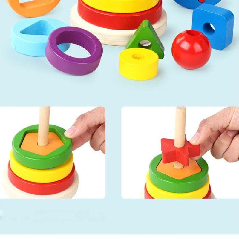 "Färgglatt pedagogiskt torn av träklossar för barn, perfekt för lekfullt lärande och utveckling av motoriska färdigheter."