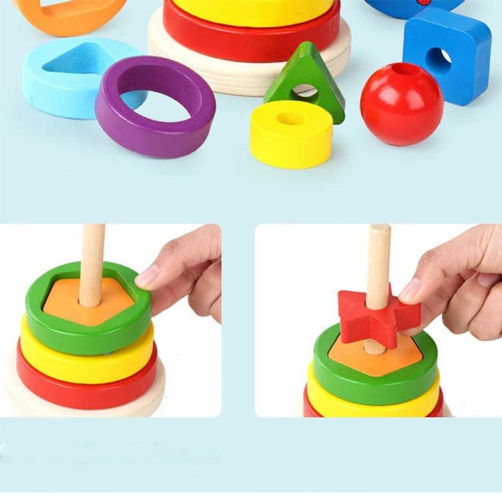 "Färgglatt pedagogiskt torn av träklossar för barn, perfekt för lekfullt lärande och utveckling av motoriska färdigheter."