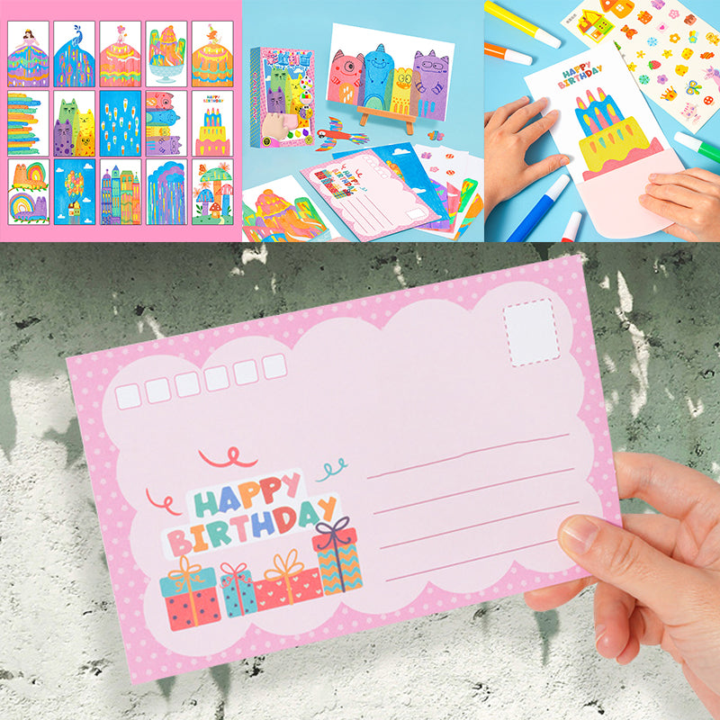 "Färgglatt skrapkonstkortset för barn, 20 kort att dekorera, verktyg inkluderat, perfekt för kreativt skapande."