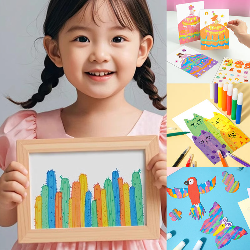 "Färgglatt skrapkonstkortset för barn, 20 kort att dekorera, verktyg inkluderat, perfekt för kreativt skapande."