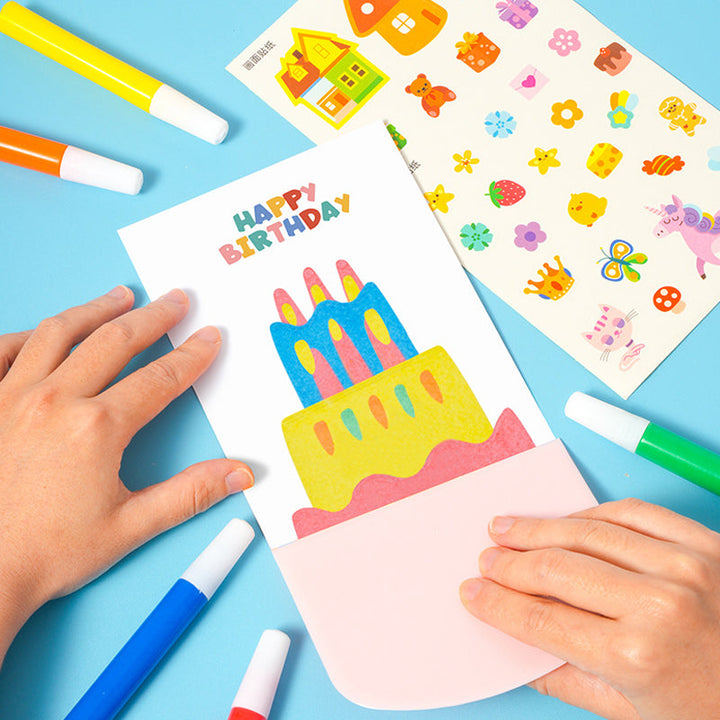 "Färgglatt skrapkonstkortset för barn, 20 kort att dekorera, verktyg inkluderat, perfekt för kreativt skapande."