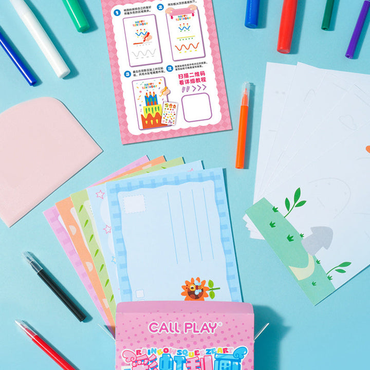 "Färgglatt skrapkonstkortset för barn, 20 kort att dekorera, verktyg inkluderat, perfekt för kreativt skapande."