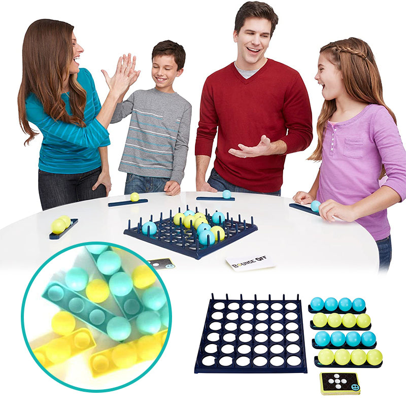 Färgglatt studsbollspel för barn i plast med spelbräda, bollhållare och bollar, för familjens underhållande tävlingar.