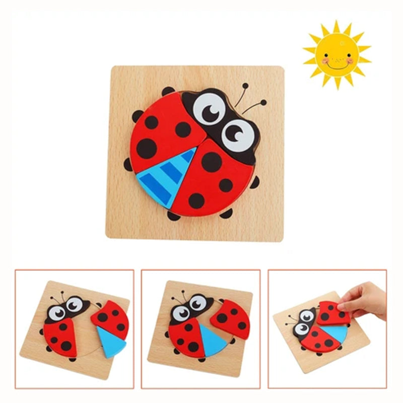 "Färgglatt träpussel för barn med djurmotiv, främjar sensorisk utveckling och inlärning, miljövänligt trä, 15x15 cm."