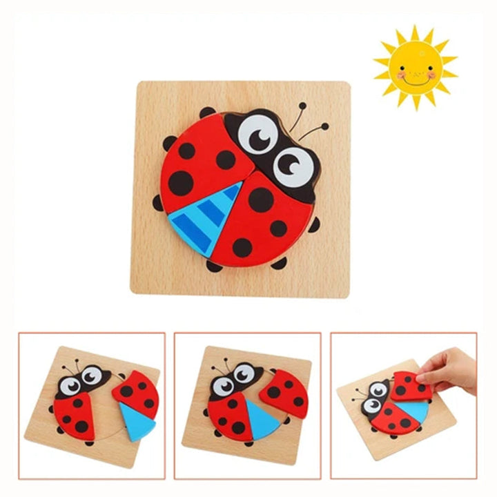 "Färgglatt träpussel för barn med djurmotiv, främjar sensorisk utveckling och inlärning, miljövänligt trä, 15x15 cm."