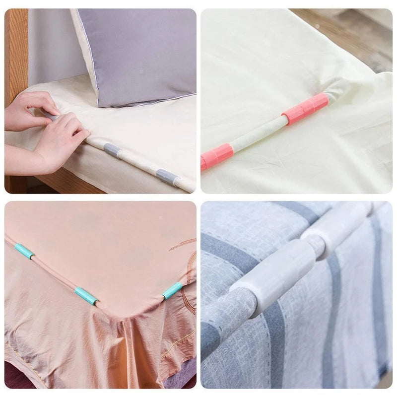 "Färggrann fästklämma i hållbar ABS-plast för perfekta lakan, visas i grönt, rosa, vitt och grått."