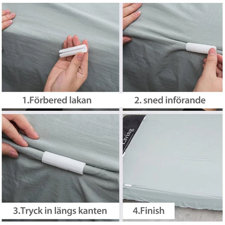 "Färggrann fästklämma i hållbar ABS-plast för perfekta lakan, visas i grönt, rosa, vitt och grått."