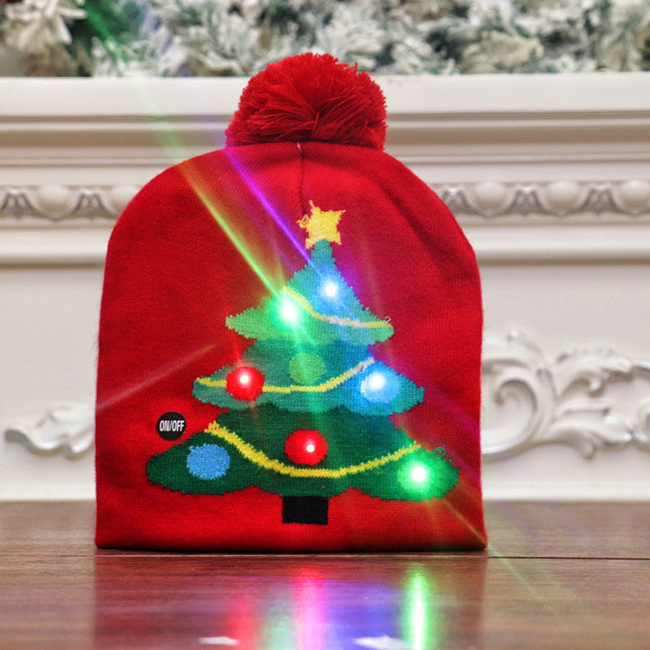 "Färggrann LED-stickad julhatt för dam med lysande LED-lampor och mjukt stickat tyg. Perfekt för vinterfestligheter."
