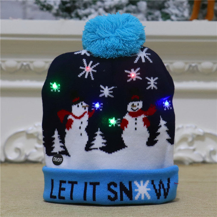 "Färggrann LED-stickad julhatt för dam med lysande LED-lampor och mjukt stickat tyg. Perfekt för vinterfestligheter."