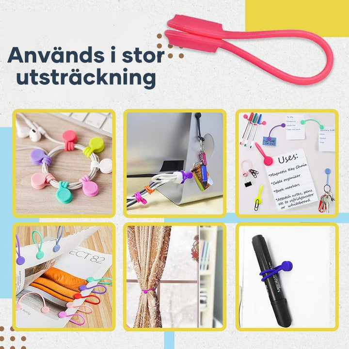 "Färggranna magnetiska kabelförvaringsband i silikon för smidig och stilren kabelhantering på skrivbordet."