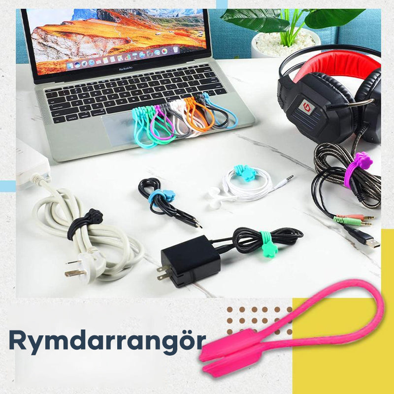 "Färggranna magnetiska kabelförvaringsband i silikon för smidig och stilren kabelhantering på skrivbordet."