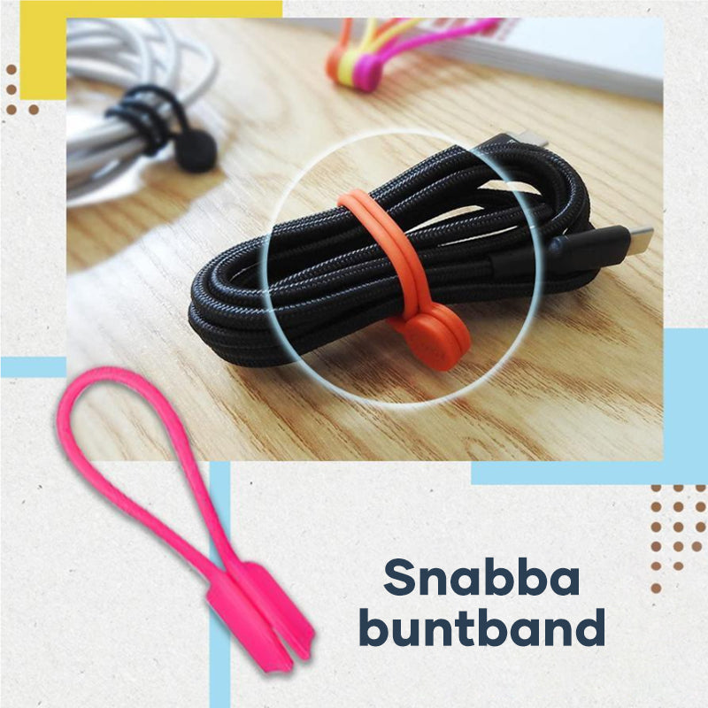 "Färggranna magnetiska kabelförvaringsband i silikon för smidig och stilren kabelhantering på skrivbordet."