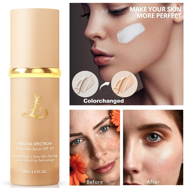 "Färgskiftande flytande foundation, elegant flaska, för alla hudtoner. Ger naturlig finish, långvarig täckning."