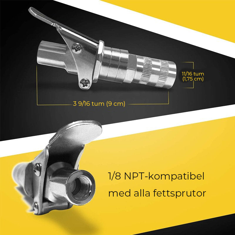 "Fettpistolkoppling med snabbkoppling, metallisk yta, hållbart zink-stål, för biltillbehör och svåråtkomliga smörjnipplar."