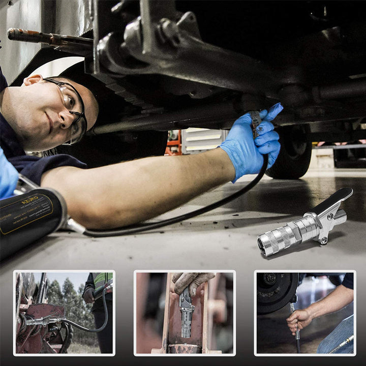 "Fettpistolkoppling med snabbkoppling, metallisk yta, hållbart zink-stål, för biltillbehör och svåråtkomliga smörjnipplar."