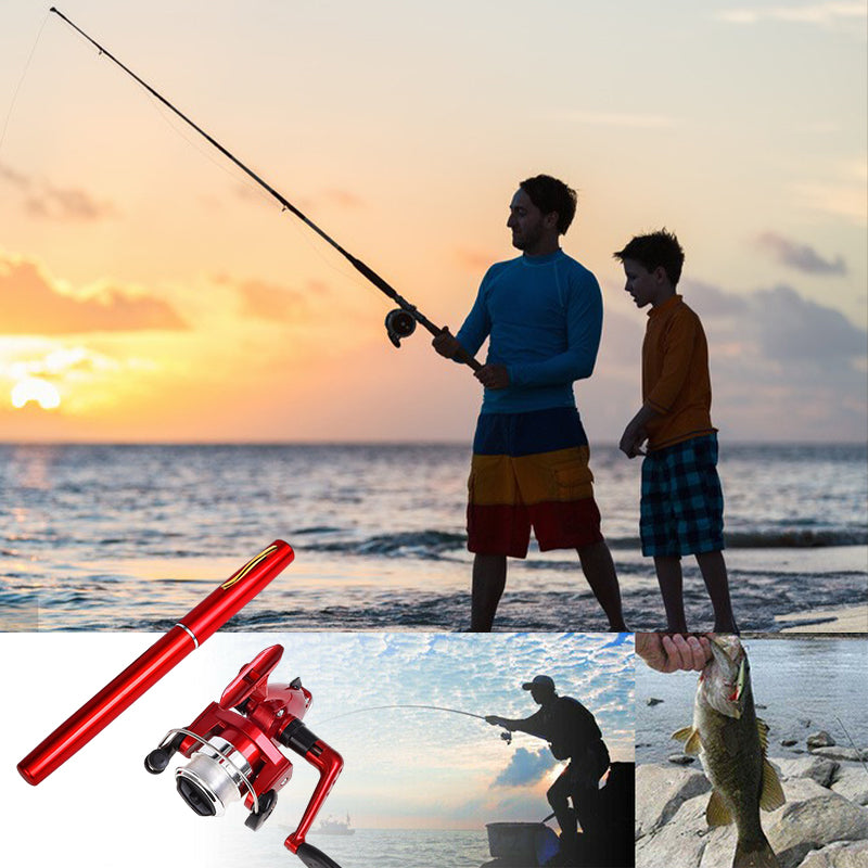 "Fickformat fiskespö för sport och utomhus, kompakt design, bärbart, korrosionsbeständigt med justerbara handtag."