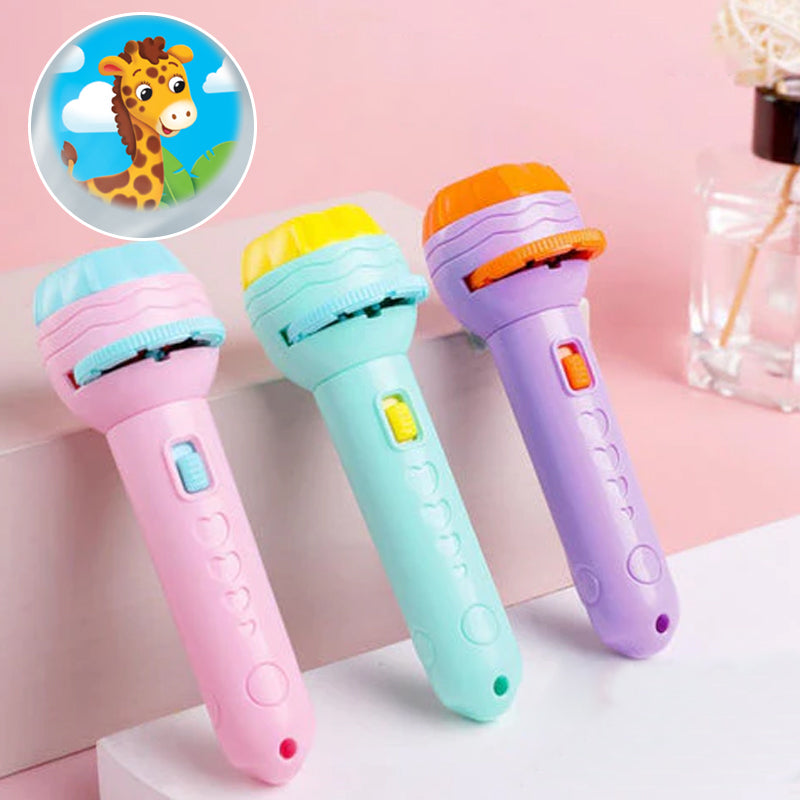 "Ficklampa för barn med rymd- och djurprojektionsbilder i livliga färger, lätt att hålla och perfekt för äventyr."