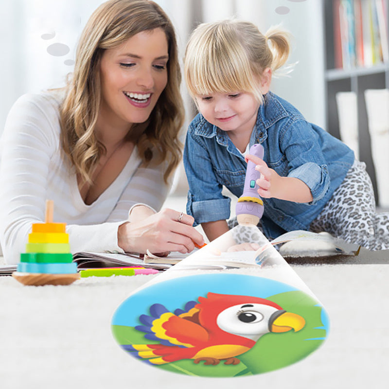 "Ficklampa för barn med rymd- och djurprojektionsbilder i livliga färger, lätt att hålla och perfekt för äventyr."