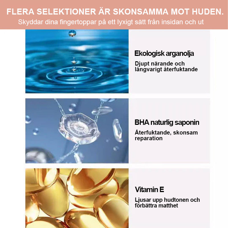 "Flaska med näringsrik nageltillväxtolja, innehållande E-vitamin och B7, omgiven av färgglada bakgrunder och dofter."