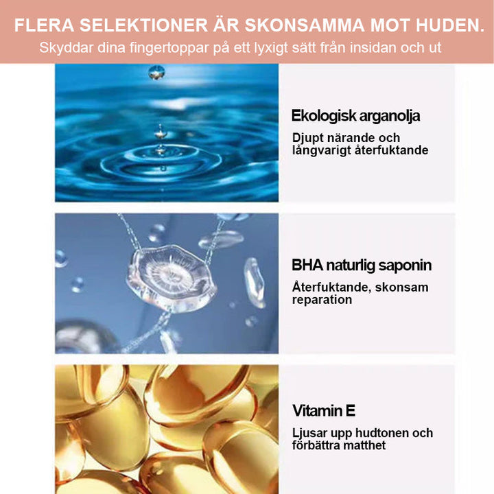 "Flaska med näringsrik nageltillväxtolja, innehållande E-vitamin och B7, omgiven av färgglada bakgrunder och dofter."