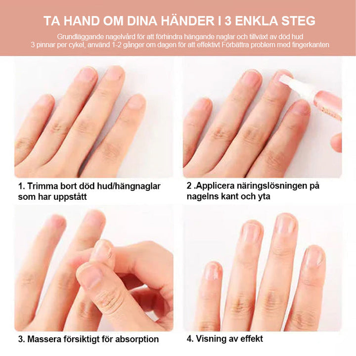 "Flaska med näringsrik nageltillväxtolja, innehållande E-vitamin och B7, omgiven av färgglada bakgrunder och dofter."