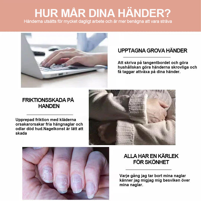 "Flaska med näringsrik nageltillväxtolja, innehållande E-vitamin och B7, omgiven av färgglada bakgrunder och dofter."