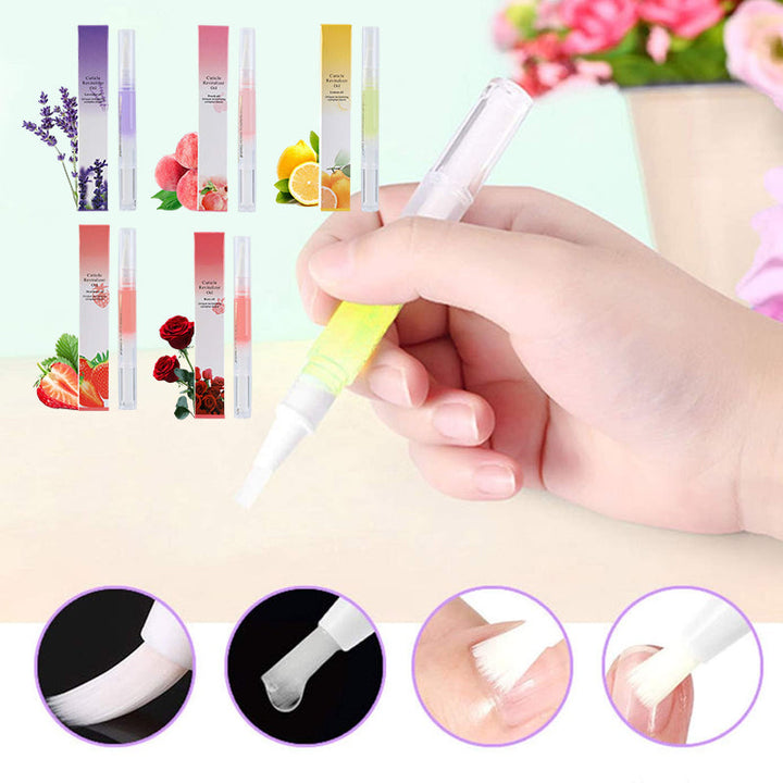 "Flaska med näringsrik nageltillväxtolja, innehållande E-vitamin och B7, omgiven av färgglada bakgrunder och dofter."