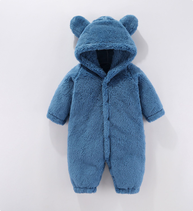 "Fleece baby romper med huva, mjukt material i grön färg, perfekt för värme och komfort, 0-12 månader"