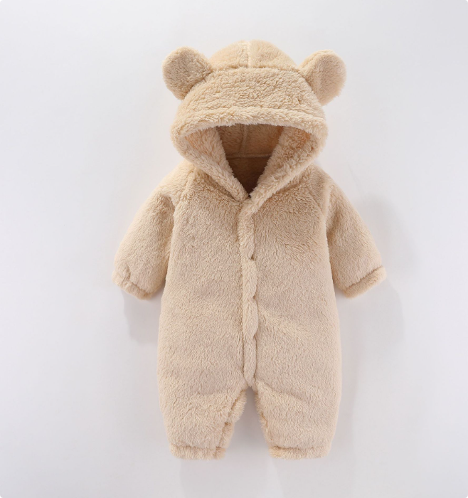 "Fleece baby romper med huva, mjukt material i grön färg, perfekt för värme och komfort, 0-12 månader"