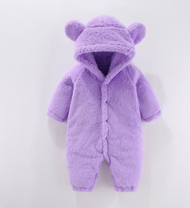 "Fleece baby romper med huva, mjukt material i grön färg, perfekt för värme och komfort, 0-12 månader"