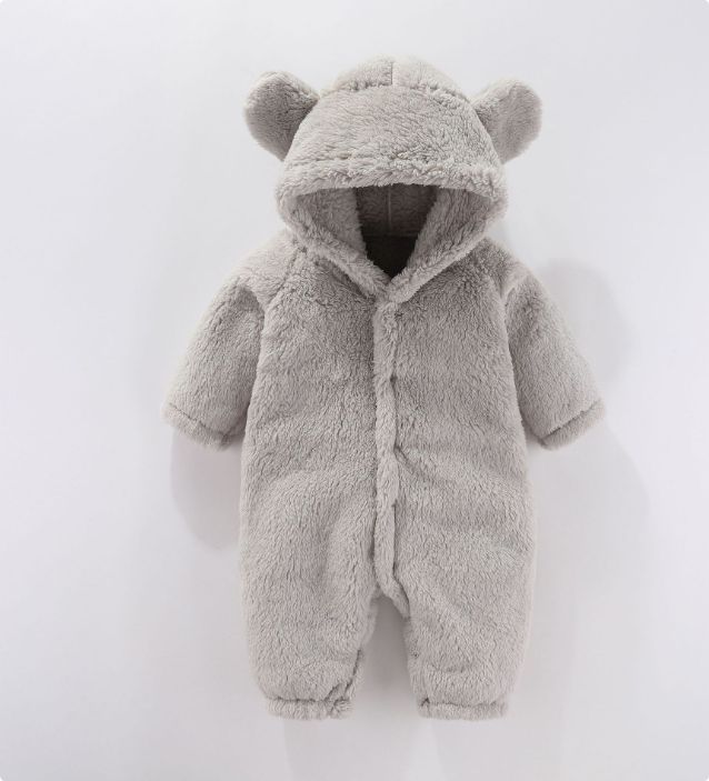 "Fleece baby romper med huva, mjukt material i grön färg, perfekt för värme och komfort, 0-12 månader"