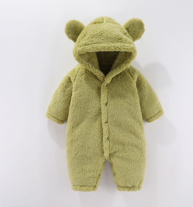 "Fleece baby romper med huva, mjukt material i grön färg, perfekt för värme och komfort, 0-12 månader"