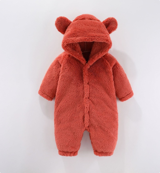 "Fleece baby romper med huva, mjukt material i grön färg, perfekt för värme och komfort, 0-12 månader"