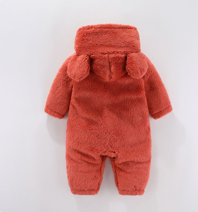"Fleece baby romper med huva, mjukt material i grön färg, perfekt för värme och komfort, 0-12 månader"