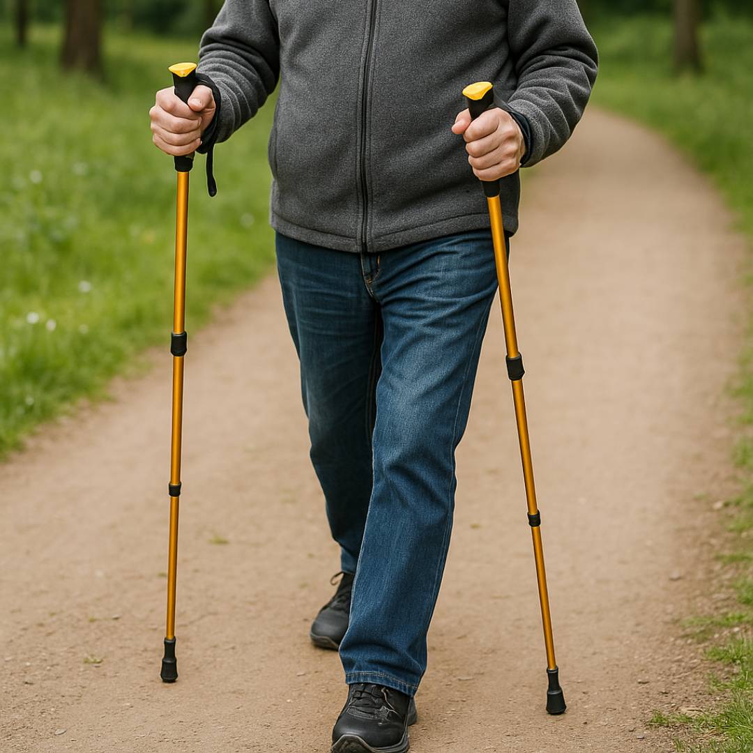"Flera färgglada hopfällbara gångstavar med justerbart grepp och ergonomiskt skumhandtag för stabilitet och komfort."