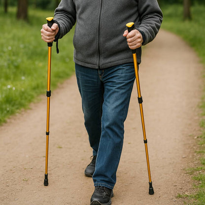 "Flera färgglada hopfällbara gångstavar med justerbart grepp och ergonomiskt skumhandtag för stabilitet och komfort."