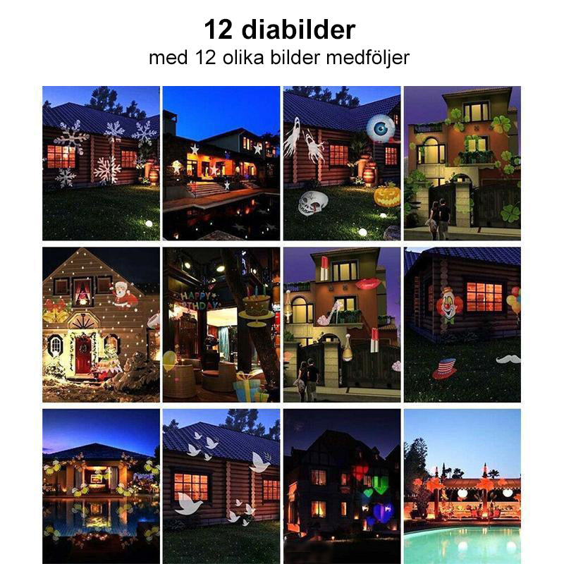 "Flerfärgad juldekoration projektor lampa, LED-ljus, belyser väggar med festliga mönster, för inomhus och utomhusbruk."