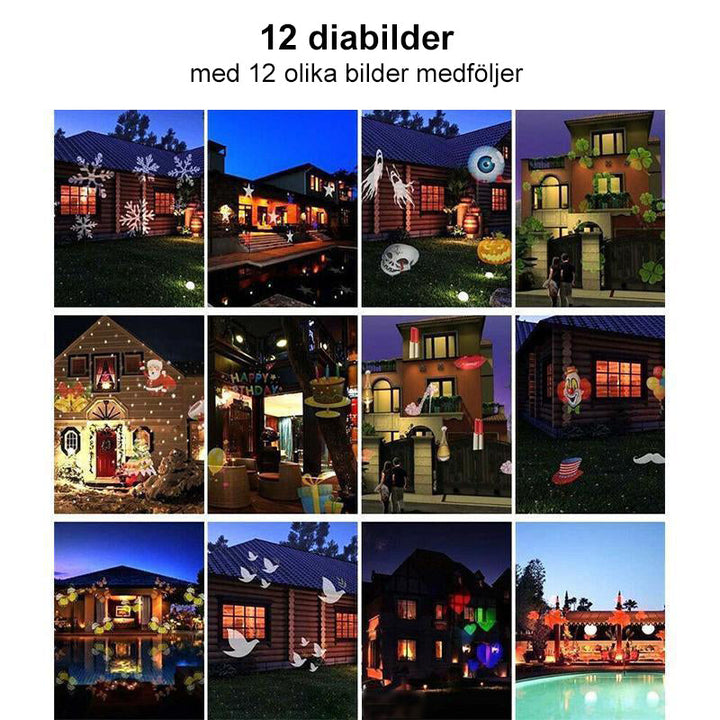"Flerfärgad juldekoration projektor lampa, LED-ljus, belyser väggar med festliga mönster, för inomhus och utomhusbruk."