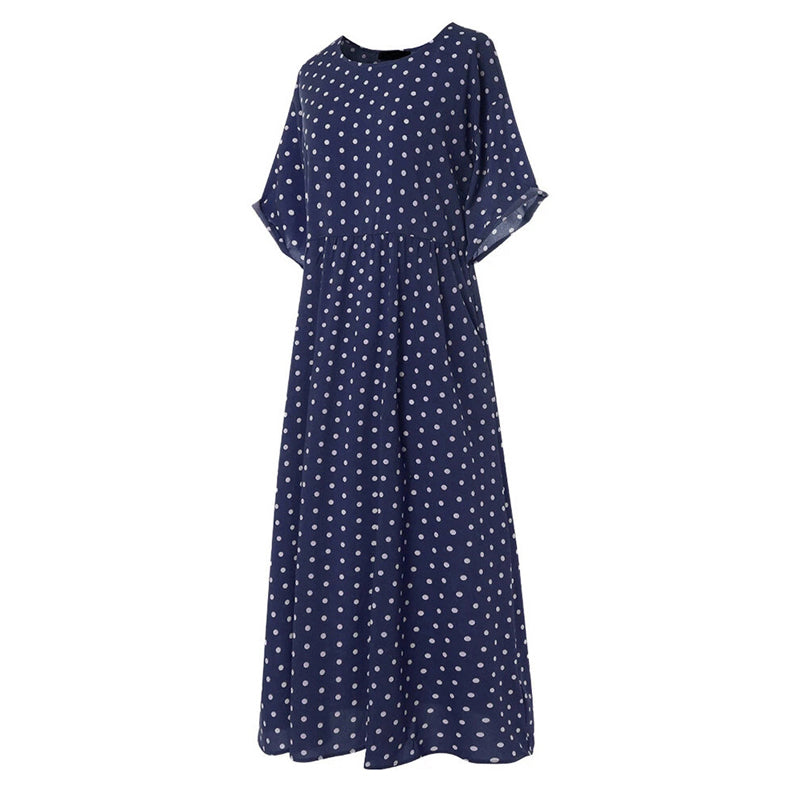 Flerfärgad prickig klänning för damer med rund hals, maxi-längd, i bomull. Perfekt för vår och sommar.