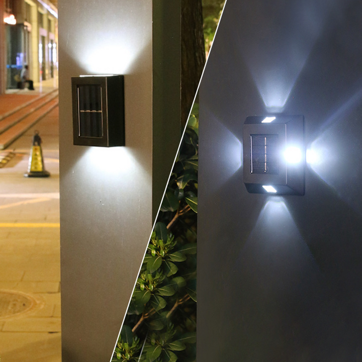 "Flerfärgad vattentät solcellsvägglampa för utomhusbruk, modern design, tre ljusfärger, IP65, energisnål belysning."