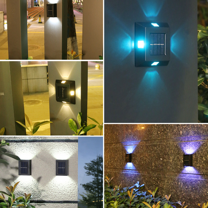 "Flerfärgad vattentät solcellsvägglampa för utomhusbruk, modern design, tre ljusfärger, IP65, energisnål belysning."