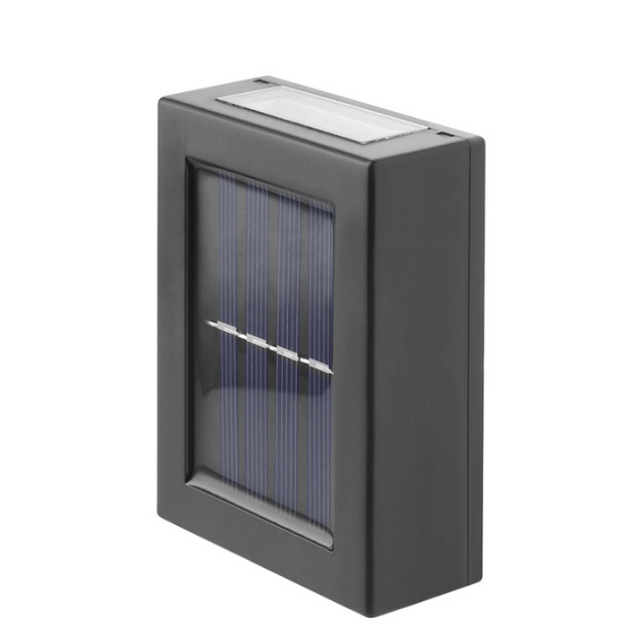 "Flerfärgad vattentät solcellsvägglampa för utomhusbruk, modern design, tre ljusfärger, IP65, energisnål belysning."