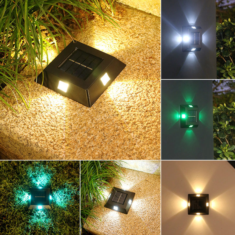 "Flerfärgad vattentät solcellsvägglampa för utomhusbruk, modern design, tre ljusfärger, IP65, energisnål belysning."