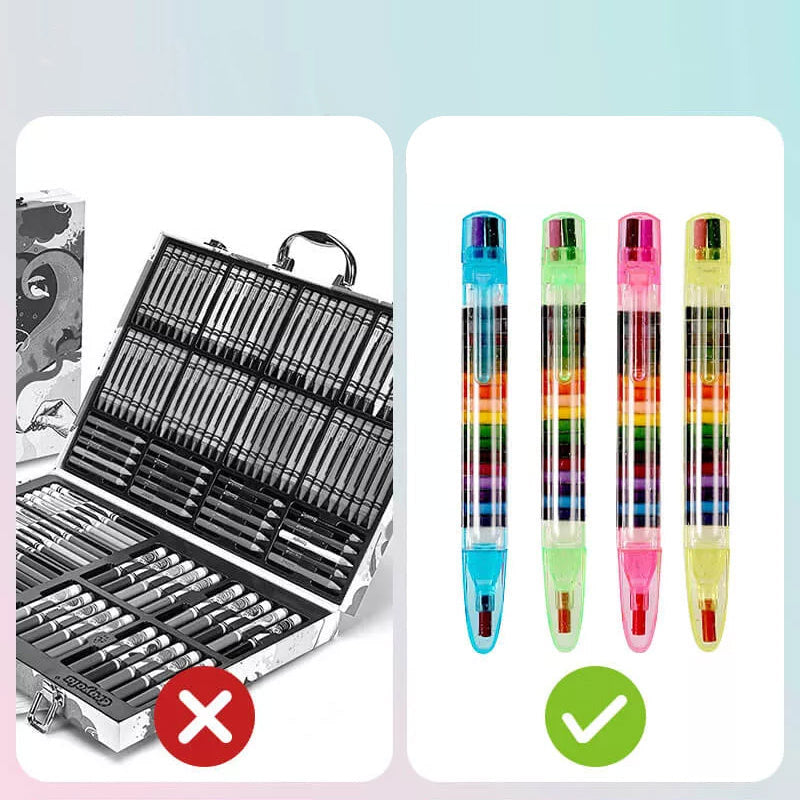 "Flerfärgade kritor 20-i-1, staplade för kreativt bruk, för barn. Perfekt för teckning, skrivning, och konst."