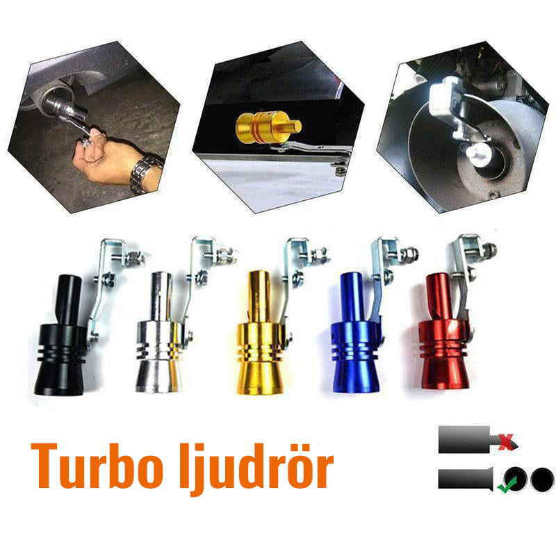 "Flerfärgat aluminium avgasrör för bil. Passar alla modeller, ger turboeffekt ljud, enkel installation utan verktyg."