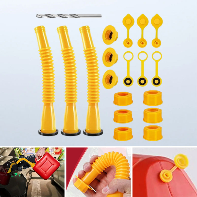 "Flexibel bensindunkpip i böjbart PP-material med gängade piprör, förenklar säker och spillsäker bränsleöverföring."