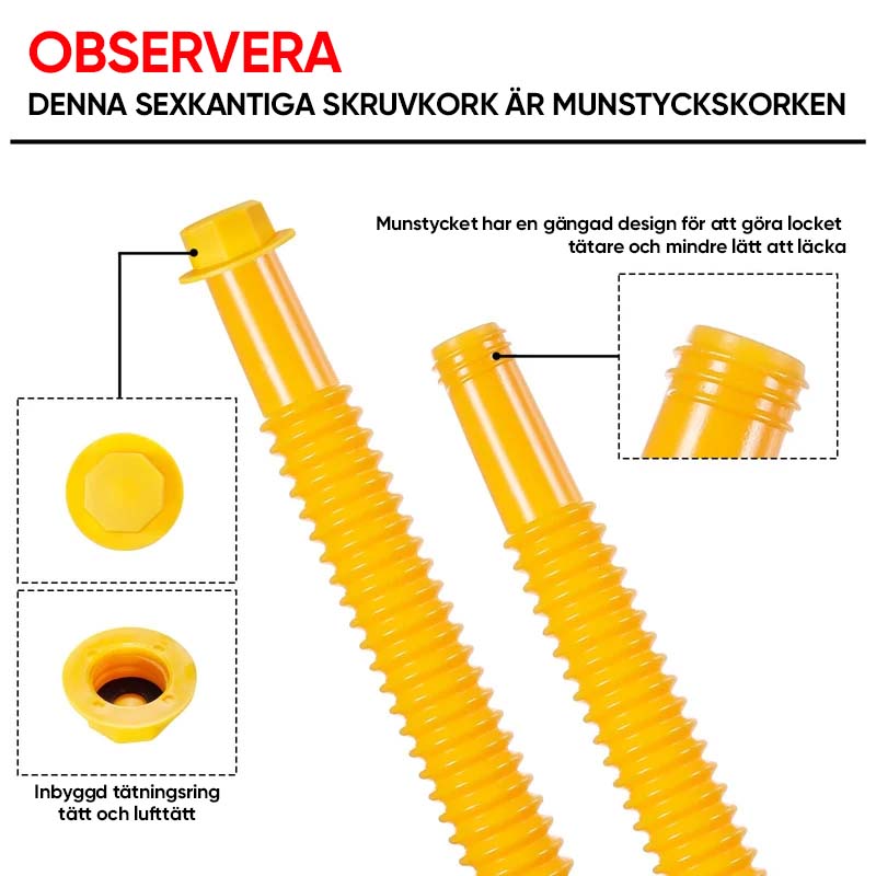 "Flexibel bensindunkpip i böjbart PP-material med gängade piprör, förenklar säker och spillsäker bränsleöverföring."